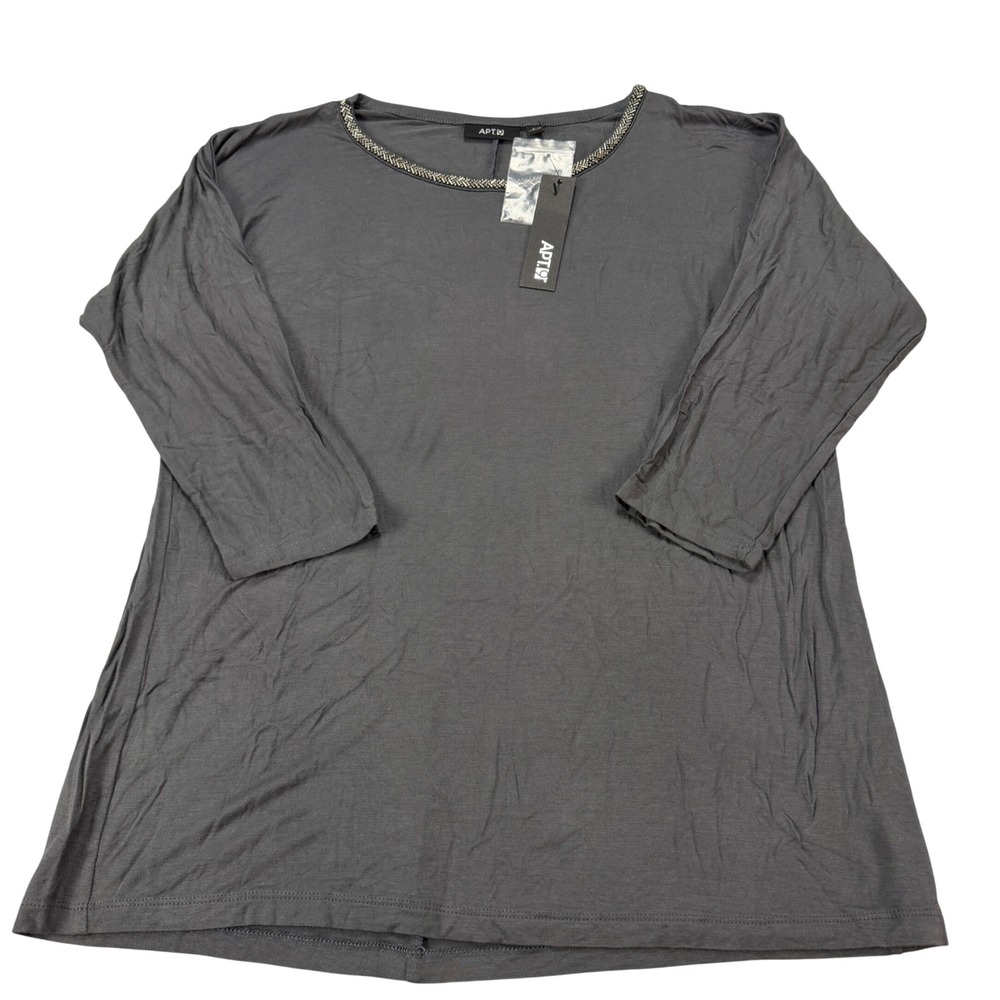Apt 9 Womens Gray Embellished Neck 3/4 Sleeve Knit Top Magnet Large NWT MSRP $30